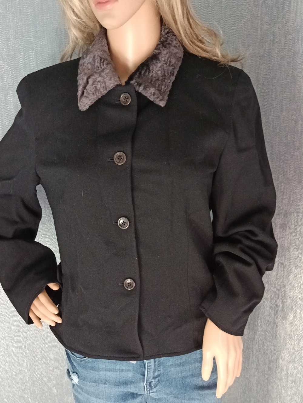 Women's Black Pea Coat with Gray Faux Fur Collar